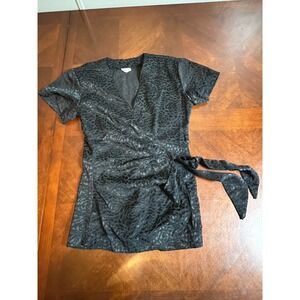 vtg  Black Burnout Floral Wrap Top S Sheer Velvet Texture Short Sleeve Tie Waist